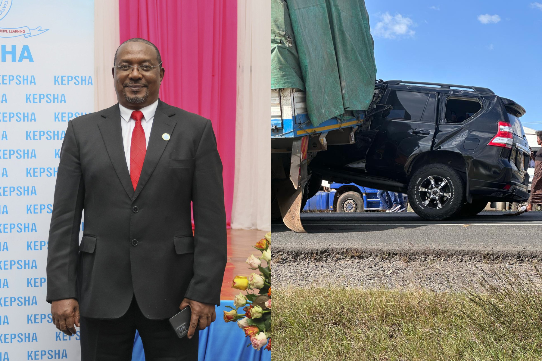 Photocollage of Johnson Nzioka and his car after being involved in an accident.